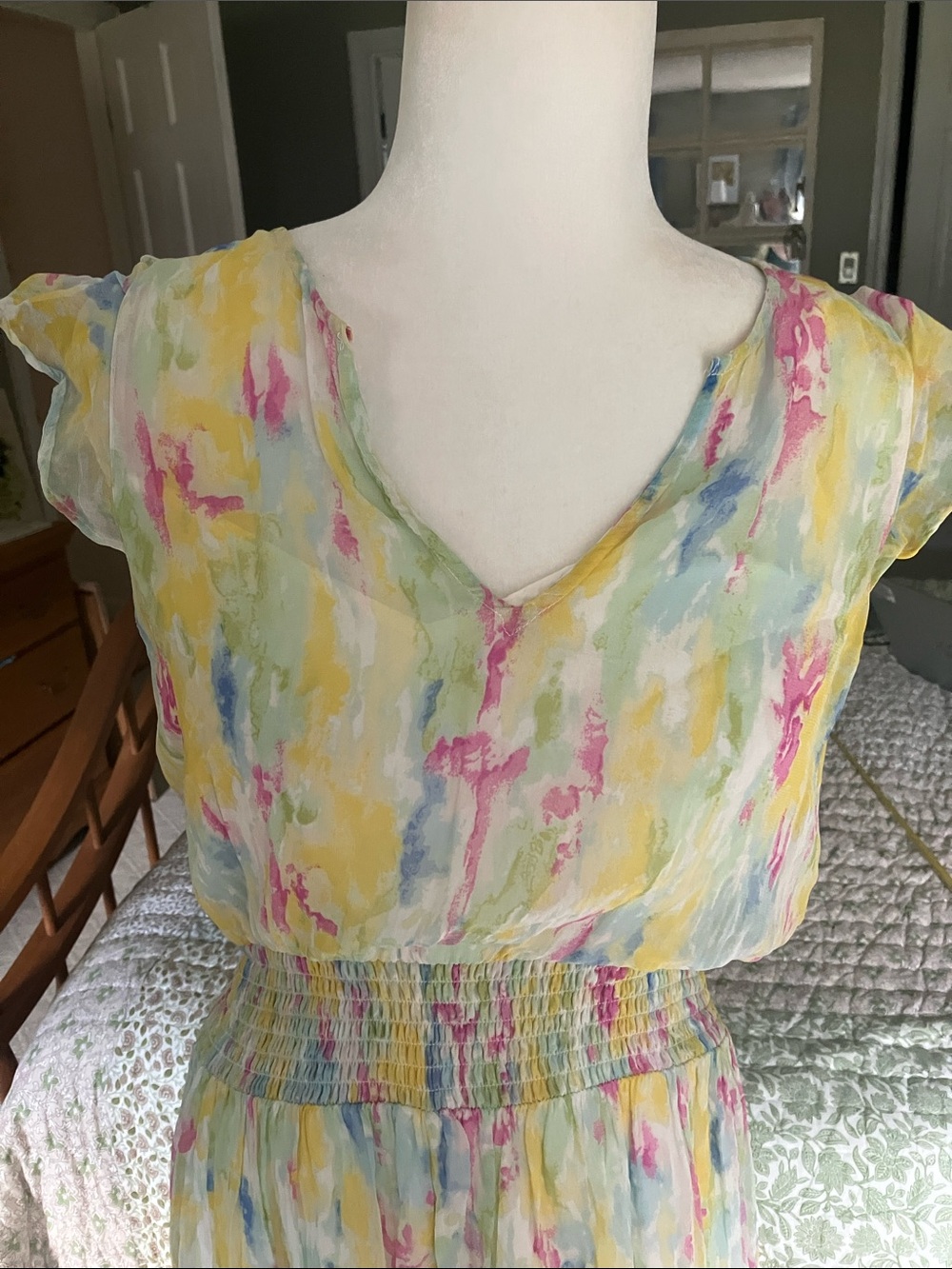 Anthropologie Pastel Watercolor Dress Yellow Pink Blue Green no tassel 14 - Picture 2 of 13